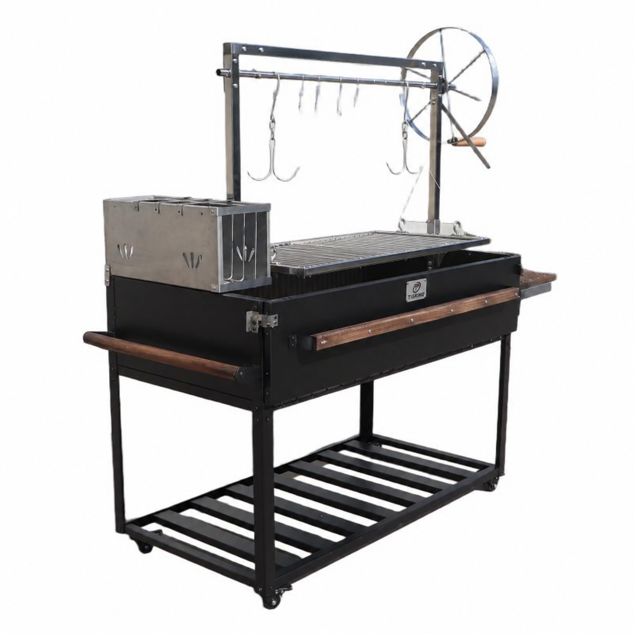 Full Argentine-style grill with a stainless brasero, round-bar cooking grate, hanging hooks, hand-crank wheel, wooden rails and wheeled lower shelf